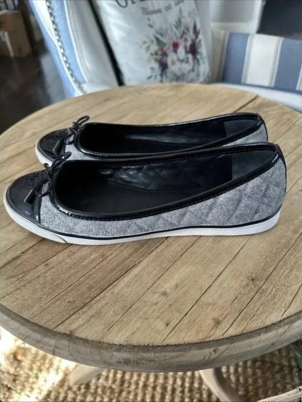 Tory Burch Skyler Grey Quilted Wool Patent Leather Toe Ballet Flats Size 6.5